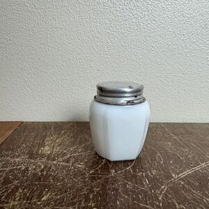 Woodbury's Vintage Art Deco White Milk glass Jar with silver‎ metal lid